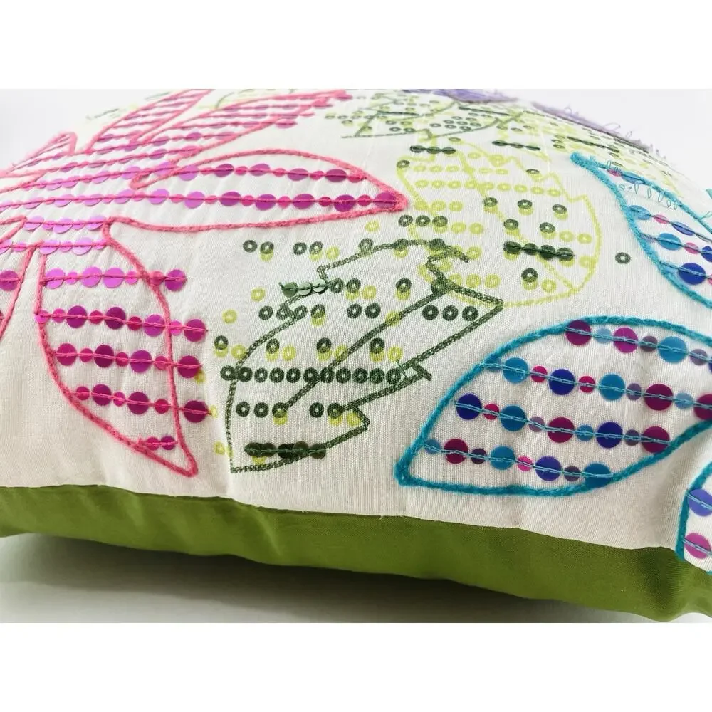Pier 1 One Floral Leaf Pillow Sequined Square Purple Pink Green Zip Beach Seawee